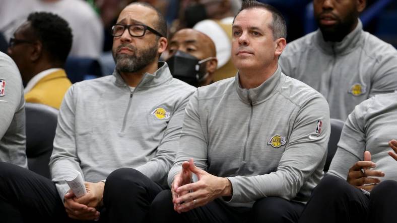 Mar 27, 2022; New Orleans, Louisiana, USA; Los Angeles Lakers head coach Frank Vogel, right, with assistant coach David Fizdale in the second half against the New Orleans Pelicans at the Smoothie King Center. The Pelicans won, 116-108. Mandatory Credit: Chuck Cook-USA TODAY Sports