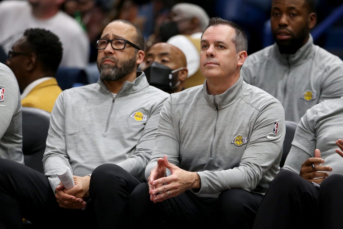 Mar 27, 2022; New Orleans, Louisiana, USA; Los Angeles Lakers head coach Frank Vogel, right, with assistant coach David Fizdale in the second half against the New Orleans Pelicans at the Smoothie King Center. The Pelicans won, 116-108. Mandatory Credit: Chuck Cook-USA TODAY Sports