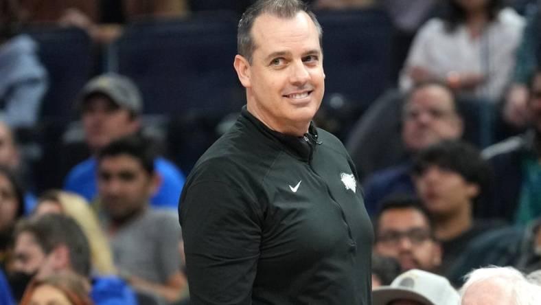 Apr 7, 2022; San Francisco, California, USA; Los Angeles Lakers head coach Frank Vogel during the second quarter against the Golden State Warriors at Chase Center. Mandatory Credit: Darren Yamashita-USA TODAY Sports