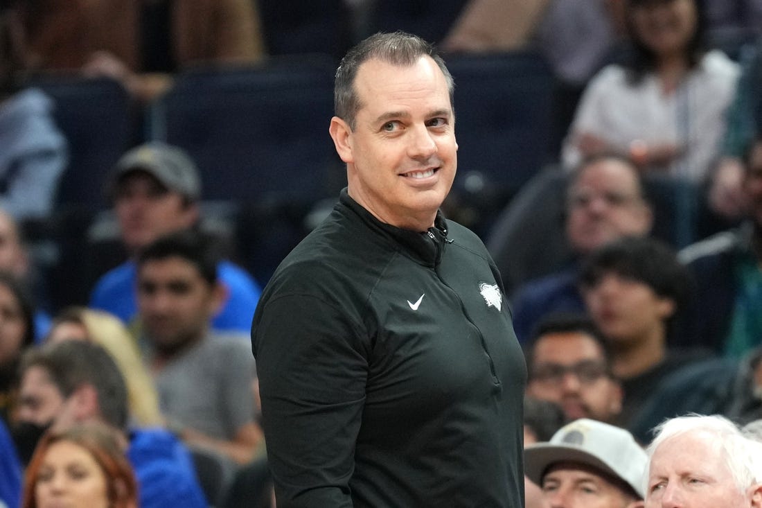 Apr 7, 2022; San Francisco, California, USA; Los Angeles Lakers head coach Frank Vogel during the second quarter against the Golden State Warriors at Chase Center. Mandatory Credit: Darren Yamashita-USA TODAY Sports