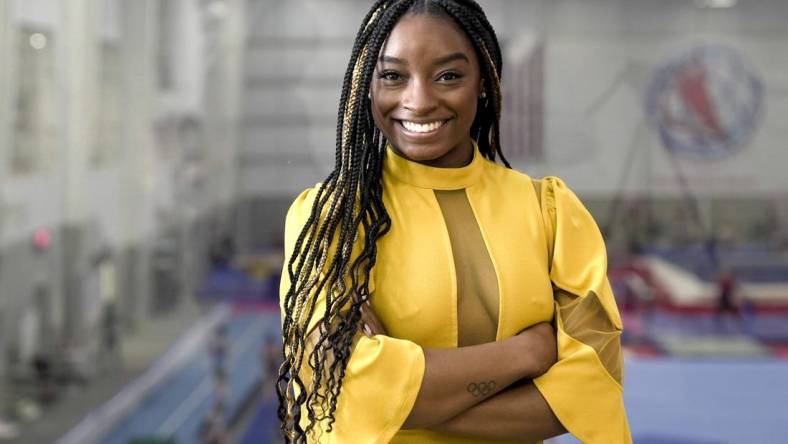 Mar. 8, 2022; Spring, TX, USA; USA TODAY Women of the Year honoree Simone Biles poses for a portrait while at World Champions Centre Gymnastics Training Center one Tuesday, Mar. 8, 2022. Mandatory Credit: Jarrad Henderson-USA TODAY