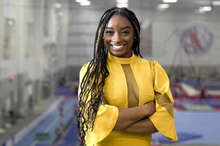 Mar. 8, 2022; Spring, TX, USA; USA TODAY Women of the Year honoree Simone Biles poses for a portrait while at World Champions Centre Gymnastics Training Center one Tuesday, Mar. 8, 2022. Mandatory Credit: Jarrad Henderson-USA TODAY