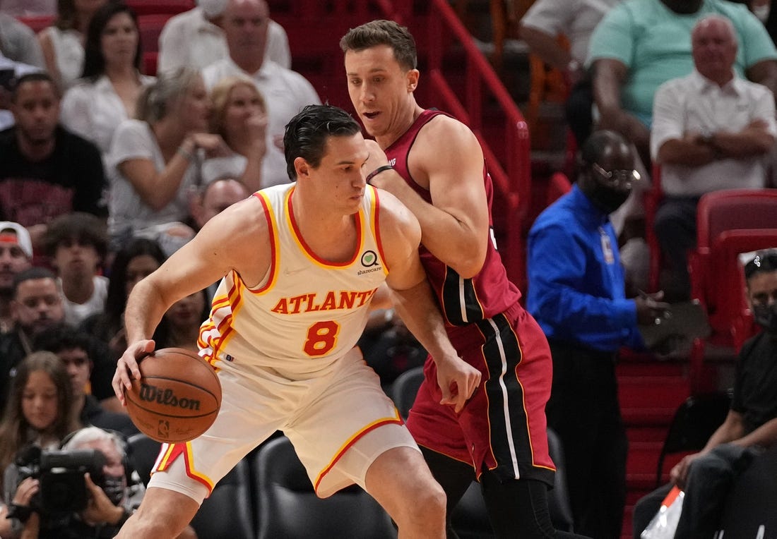 Apr 26, 2022; Miami, Florida, USA; Atlanta Hawks forward Danilo Gallinari (8) dribbles the ball against Miami Heat guard Duncan Robinson (55) during the first half in game five of the first round for the 2022 NBA playoffs at FTX Arena. Mandatory Credit: Jasen Vinlove-USA TODAY Sports