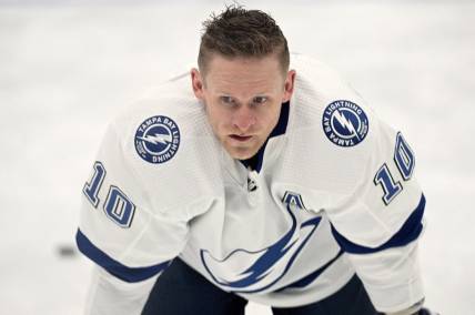 May 2, 2022; Toronto, Ontario, CAN;  Tampa Bay Lightning forward Corey Perry (10) warms up before playing the Toronto Maple Leafs in game one of the first round of the 2022 Stanley Cup Playoffs at Scotiabank Arena. Mandatory Credit: Dan Hamilton-USA TODAY Sports