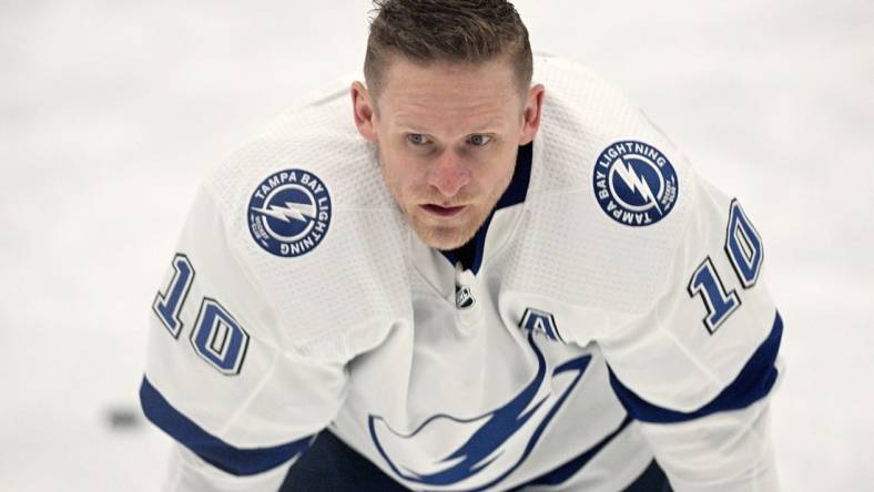 May 2, 2022; Toronto, Ontario, CAN;  Tampa Bay Lightning forward Corey Perry (10) warms up before playing the Toronto Maple Leafs in game one of the first round of the 2022 Stanley Cup Playoffs at Scotiabank Arena. Mandatory Credit: Dan Hamilton-USA TODAY Sports