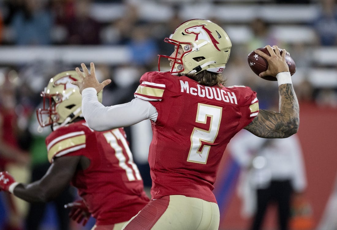 May 7, 2022; Birmingham, AL, USA; Birmingham Stallions quarterback Alex McGough (2) throws against the Tampa Bay Bandits during the second half at Protective Stadium. Mandatory Credit: Vasha Hunt-USA TODAY Sports