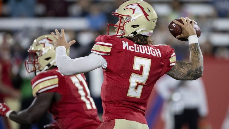 May 7, 2022; Birmingham, AL, USA; Birmingham Stallions quarterback Alex McGough (2) throws against the Tampa Bay Bandits during the second half at Protective Stadium. Mandatory Credit: Vasha Hunt-USA TODAY Sports