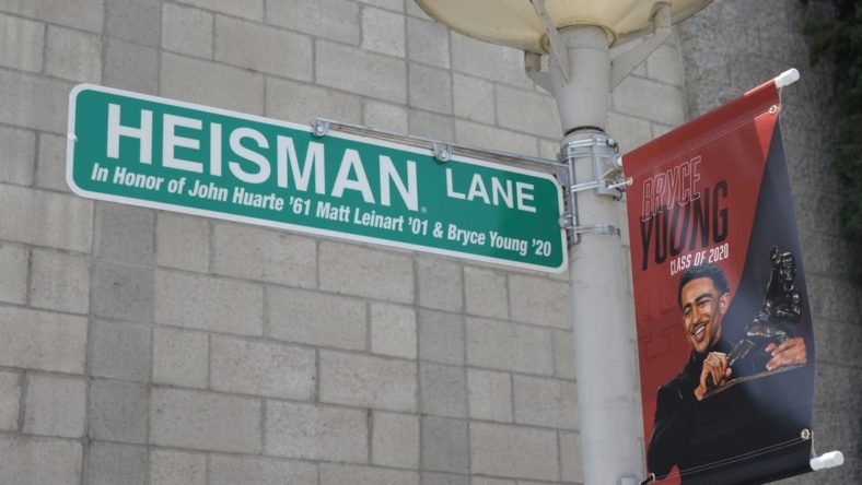 May 24, 2022; Santa Ana, California USA; A Heisman Lane street sign in honor of John Huarte (1961), Matt Leinart (2001) and Bryce Young (2020) during the Mater Dei High Heisman Homecoming ceremony at the Meruelo Athletic Center. Mandatory Credit: Kirby Lee-USA TODAY Sports