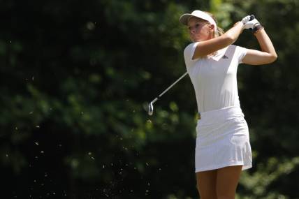 Jun 4, 2022; Southern Pines, North Carolina, USA; Lauren Hartlage hits an approach shot on the eleventh hole during the third round of the U.S. Women's Open. Mandatory Credit: Geoff Burke-USA TODAY Sports