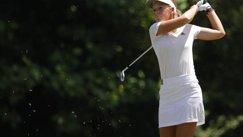 Jun 4, 2022; Southern Pines, North Carolina, USA; Lauren Hartlage hits an approach shot on the eleventh hole during the third round of the U.S. Women's Open. Mandatory Credit: Geoff Burke-USA TODAY Sports