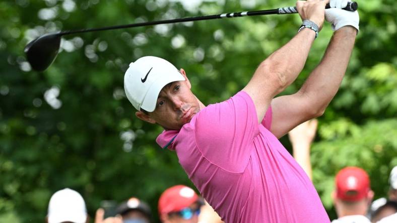 Jun 12, 2022; Etobicoke, Ontario, CAN;  Rory McIlroy hits hits his tee shot on the second hole during the final round of the RBC Canadian Open golf tournament. Mandatory Credit: Dan Hamilton-USA TODAY Sports