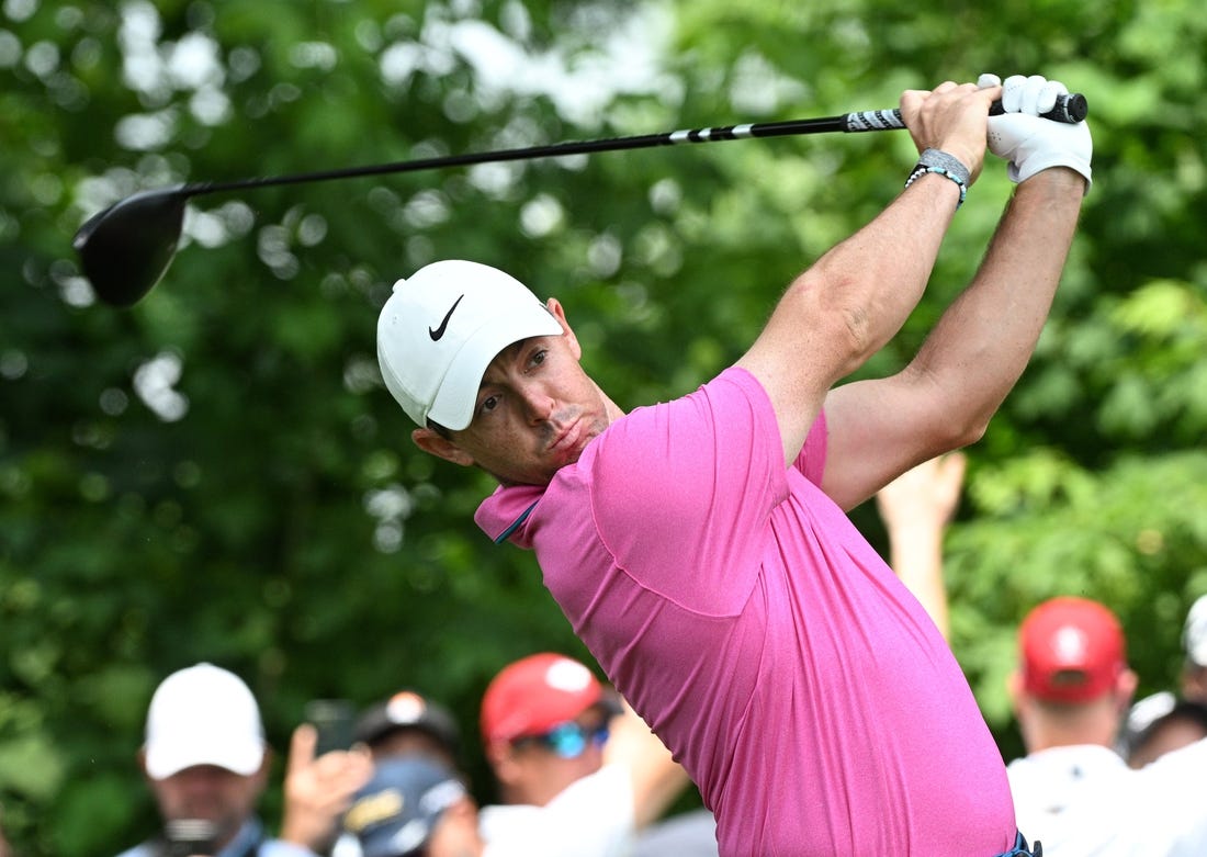 Jun 12, 2022; Etobicoke, Ontario, CAN;  Rory McIlroy hits hits his tee shot on the second hole during the final round of the RBC Canadian Open golf tournament. Mandatory Credit: Dan Hamilton-USA TODAY Sports
