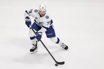 Jun 15, 2022; Denver, Colorado, USA; Tampa Bay Lightning center Ross Colton (79) skates with the puck during the first period of game one of the 2022 Stanley Cup Final against the Colorado Avalanche at Ball Arena. Lightning. Mandatory Credit: Isaiah J. Downing-USA TODAY Sports