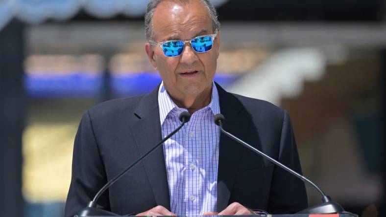 Jun 18, 2022; Los Angeles, CA, USA;  Joe Torre, Special Assistant to the Commissioner, MLB, speaks during the unveiling ceremony of a brand new Koufax commemorative statue at the Centerfield Plaza at Dodger Stadium. Mandatory Credit: Jayne Kamin-Oncea-USA TODAY Sports