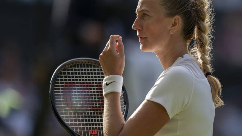 Jul 2, 2022; London, United Kingdom; Petra Kvitova (CZE)  during her match against Paula Badosa (ESP) on day six at All England Lawn Tennis and Croquet Club. Mandatory Credit: Susan Mullane-USA TODAY Sports