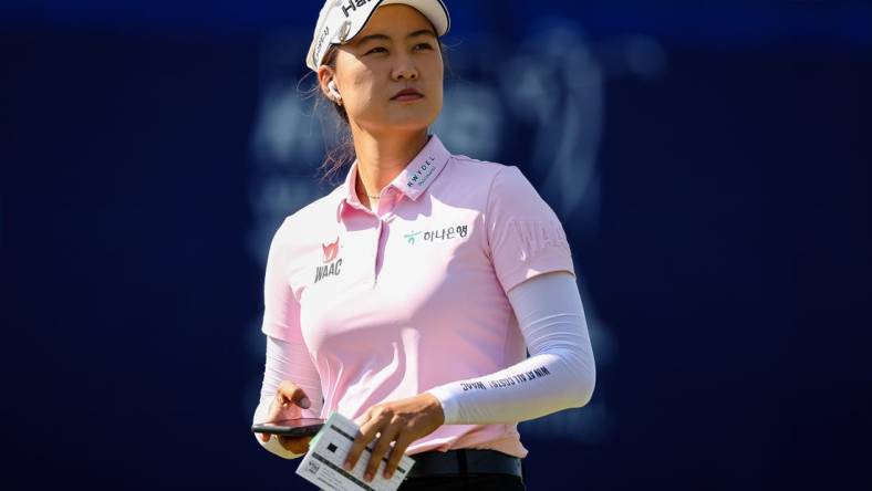 Jun 26, 2022; Bethesda, Maryland, USA; Minjee Lee looks on from the first tee during the final round of the KPMG Women's PGA Championship golf tournament at Congressional Country Club. Mandatory Credit: Scott Taetsch-USA TODAY Sports