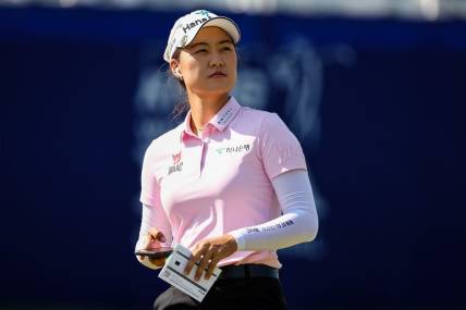 Jun 26, 2022; Bethesda, Maryland, USA; Minjee Lee looks on from the first tee during the final round of the KPMG Women's PGA Championship golf tournament at Congressional Country Club. Mandatory Credit: Scott Taetsch-USA TODAY Sports