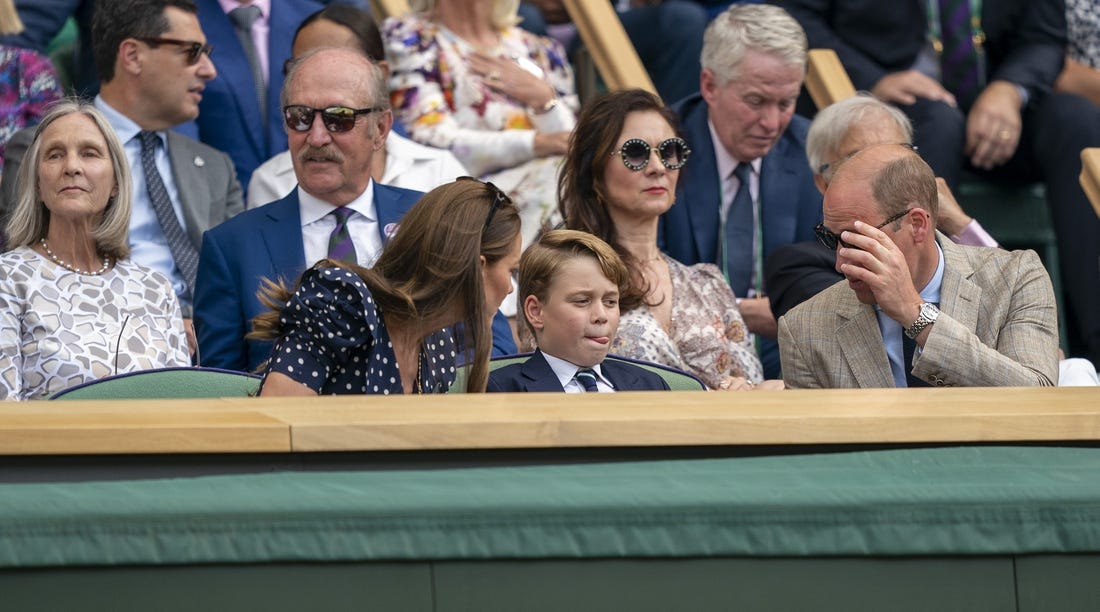 Jul 10, 2022; London, United Kingdom; HRH The Duke and HRH The Duchess of Cambridge with HRH Prince George of Cambridge in attendance for the Novak Djokovic (SRB) and Nick Kyrgios (AUS) men   s final on day 14 at All England Lawn Tennis and Croquet Club. Mandatory Credit: Susan Mullane-USA TODAY Sports