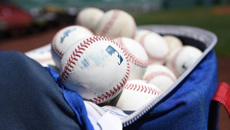 Jul 24, 2022; Boston, Massachusetts, USA;  A general view of practice balls prior to a game between the Boston Red Sox and Toronto Blue Jays at Fenway Park. Mandatory Credit: Bob DeChiara-USA TODAY Sports