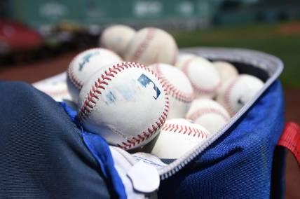 Jul 24, 2022; Boston, Massachusetts, USA;  A general view of practice balls prior to a game between the Boston Red Sox and Toronto Blue Jays at Fenway Park. Mandatory Credit: Bob DeChiara-USA TODAY Sports