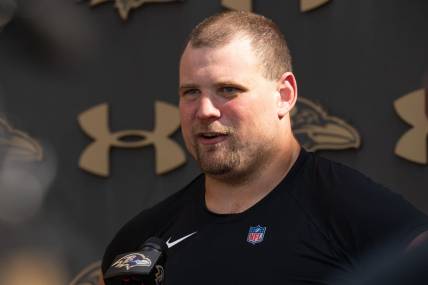 Jul 27, 2022; Owings Mills, MD, USA; Baltimore Ravens offensive guard Kevin Zeitler (70) speaks with the media after day one of training camp at Under Armour Performance Center. Mandatory Credit: Jessica Rapfogel-USA TODAY Sports