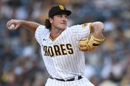 Aug 2, 2022; San Diego, California, USA; San Diego Padres starting pitcher Reiss Knehr (33) throws a pitch against the Colorado Rockies during the first inning at Petco Park. Mandatory Credit: Orlando Ramirez-USA TODAY Sports
