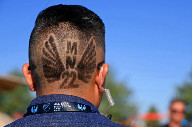 Aug 10, 2022; Saint Paul, MN, USA; A detail view of a Minnesota United logo haircut before the 2022 MLS All-Star Game at Allianz Field. Mandatory Credit: Aaron Doster-USA TODAY Sports