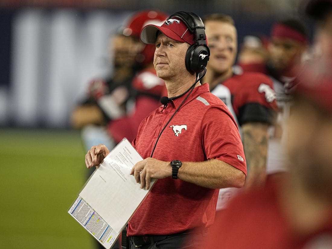 Aug 20, 2022; Toronto, Ontario, CAN; Calgary Stampeders head coach Dave Dickenson reacts during the second half against the Toronto Argonauts at BMO Field. Mandatory Credit: John E. Sokolowski-USA TODAY Sports