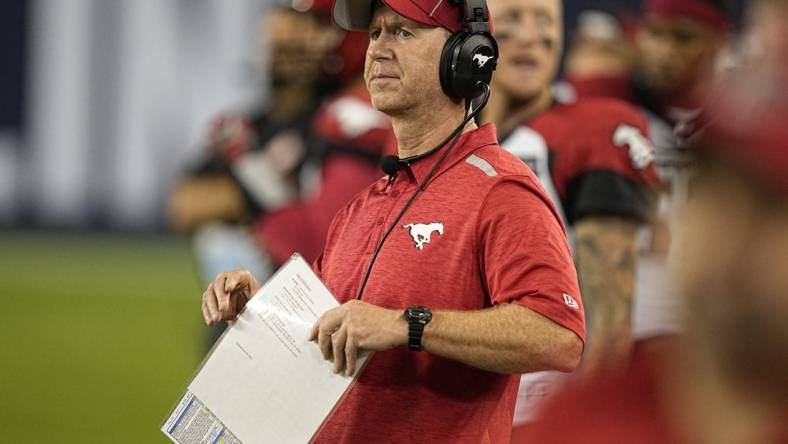 Aug 20, 2022; Toronto, Ontario, CAN; Calgary Stampeders head coach Dave Dickenson reacts during the second half against the Toronto Argonauts at BMO Field. Mandatory Credit: John E. Sokolowski-USA TODAY Sports