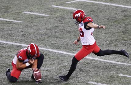 Aug 25, 2022; Winnipeg, Manitoba, CAN;  Calgary Stampeders kicker Rene Paredes (30) makes a field goal in the first half against the Winnipeg Blue Bombers at IG Field. Mandatory Credit: Bruce Fedyck-USA TODAY Sports