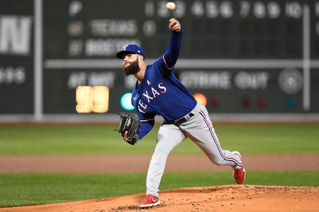 Sep 2, 2022; Boston, Massachusetts, USA; Texas Rangers starting pitcher Dallas Keuchel (60) pitches against the Boston Red Sox during the first inning at Fenway Park. Mandatory Credit: Brian Fluharty-USA TODAY Sports