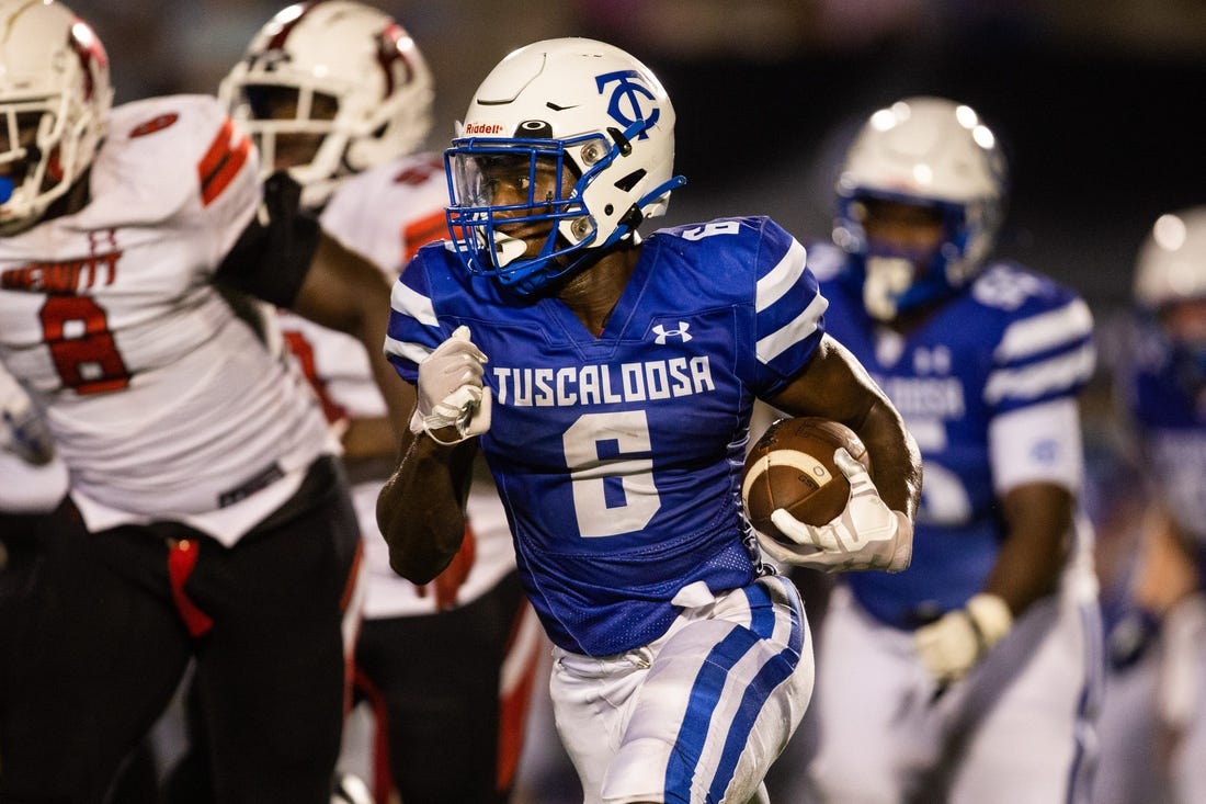 Sep 8, 2022; Northport, AL, USA; Tuscaloosa County High's running back Kevin Riley (6) runs the ball against Hewitt-Trussville at Tuscaloosa County High School Thursday, Sept. 8, 2022. Mandatory Credit: Will McLelland-Tuscaloosa News

Football Hewitt Trussville Vs Tuscaloosa County High School Football