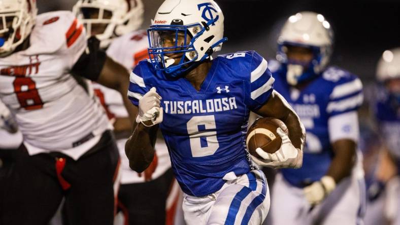 Sep 8, 2022; Northport, AL, USA; Tuscaloosa County High's running back Kevin Riley (6) runs the ball against Hewitt-Trussville at Tuscaloosa County High School Thursday, Sept. 8, 2022. Mandatory Credit: Will McLelland-Tuscaloosa News

Football Hewitt Trussville Vs Tuscaloosa County High School Football