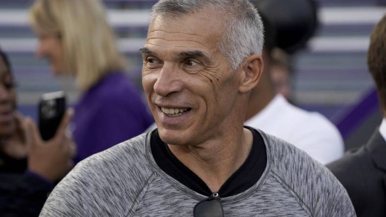 Sep 24, 2022; Evanston, Illinois, USA; Former New York Yankees manager and Northwestern Wildcats alum Joe Girardi on the sidelines before a game between the Northwestern Wildcats and the Miami (Ohio) Redhawks at Ryan Field. Mandatory Credit: David Banks-USA TODAY Sports