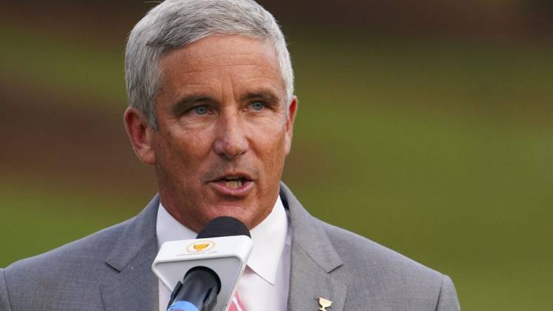 Sep 25, 2022; Charlotte, North Carolina, USA; PGA Tour commissioner Jay Monahan talks during the singles match play of the Presidents Cup golf tournament at Quail Hollow Club. Mandatory Credit: Peter Casey-USA TODAY Sports