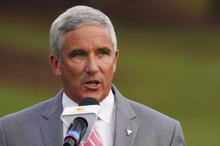 Sep 25, 2022; Charlotte, North Carolina, USA; PGA Tour commissioner Jay Monahan talks during the singles match play of the Presidents Cup golf tournament at Quail Hollow Club. Mandatory Credit: Peter Casey-USA TODAY Sports