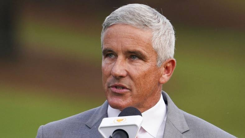 Sep 25, 2022; Charlotte, North Carolina, USA; PGA Tour commissioner Jay Monahan talks during the singles match play of the Presidents Cup golf tournament at Quail Hollow Club. Mandatory Credit: Peter Casey-USA TODAY Sports