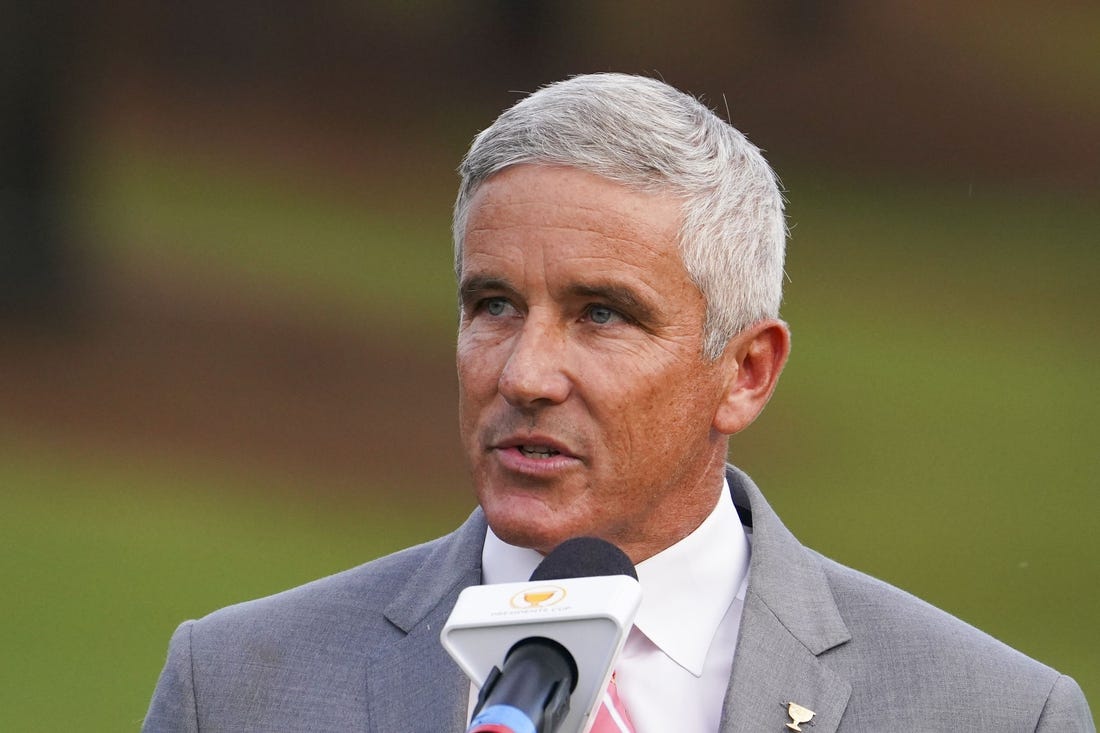 Sep 25, 2022; Charlotte, North Carolina, USA; PGA Tour commissioner Jay Monahan talks during the singles match play of the Presidents Cup golf tournament at Quail Hollow Club. Mandatory Credit: Peter Casey-USA TODAY Sports