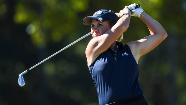 Oct 1, 2022; Tuscaloosa, AL, USA; Dani Holmqvist hits from the 9th tee during the second round of the Tuscaloosa Toyota Classic, an Epson Tour event, at Ol' Colony Golf Complex

Golf Round 2 Epson Tour Tuscaloosa Toyota Classic