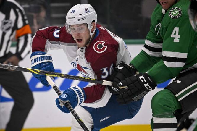 Oct 3, 2022; Dallas, Texas, USA; Colorado Avalanche left wing Anton Blidh (36) in action during the game between the Dallas Stars and the Colorado Avalanche at the American Airlines Center. Mandatory Credit: Jerome Miron-USA TODAY Sports