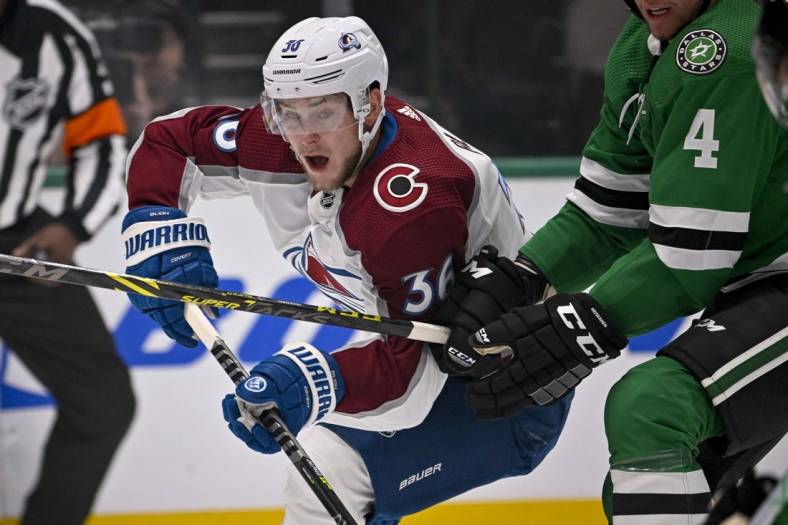 Oct 3, 2022; Dallas, Texas, USA; Colorado Avalanche left wing Anton Blidh (36) in action during the game between the Dallas Stars and the Colorado Avalanche at the American Airlines Center. Mandatory Credit: Jerome Miron-USA TODAY Sports