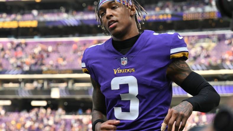 Oct 9, 2022; Minneapolis, Minnesota, USA; Minnesota Vikings cornerback Cameron Dantzler Sr. (3) comes off the field after the game against the Chicago Bears at U.S. Bank Stadium. Mandatory Credit: Jeffrey Becker-USA TODAY Sports