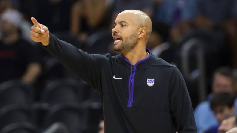 Oct 12, 2022; Phoenix, Arizona, USA; Sacramento Kings assistant coach Jordi Fernandez against the Phoenix Suns during a preseason game at Footprint Center. Mandatory Credit: Mark J. Rebilas-USA TODAY Sports