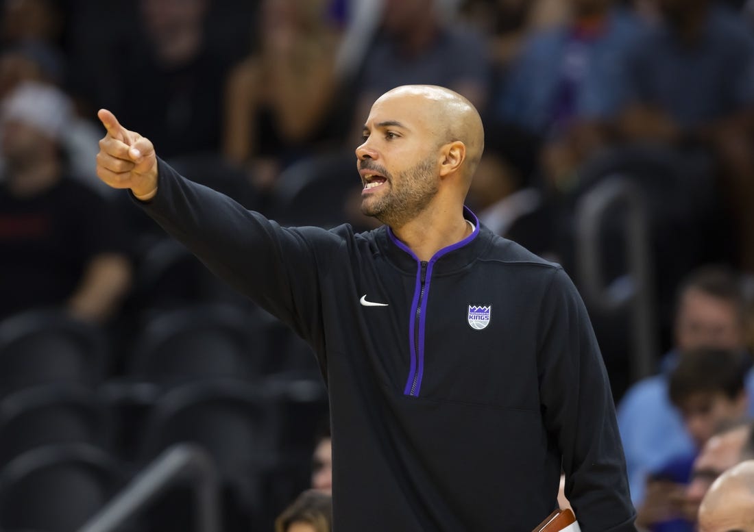 Oct 12, 2022; Phoenix, Arizona, USA; Sacramento Kings assistant coach Jordi Fernandez against the Phoenix Suns during a preseason game at Footprint Center. Mandatory Credit: Mark J. Rebilas-USA TODAY Sports