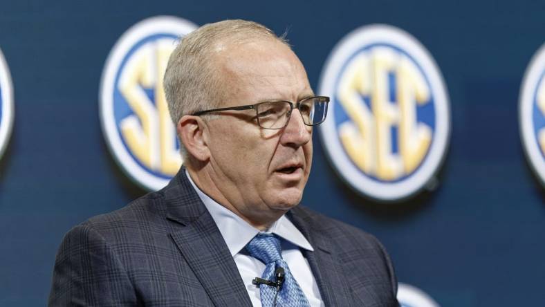 Oct 18, 2022; Birmingham, Alabama, US; SEC conference commissioner Greg Sankey speaks to the media prior to the tip off of the Women s SEC Media Days in Mountain Brook, AL  Mandatory Credit: Marvin Gentry-USA TODAY Sports