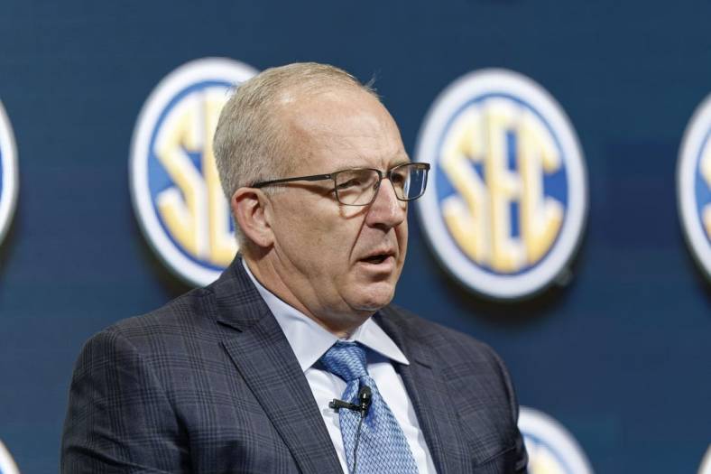 Oct 18, 2022; Birmingham, Alabama, US; SEC conference commissioner Greg Sankey speaks to the media prior to the tip off of the Women s SEC Media Days in Mountain Brook, AL  Mandatory Credit: Marvin Gentry-USA TODAY Sports