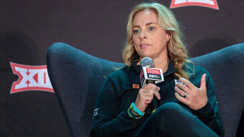 Oct 18, 2022; Kansas City, Missouri, US; Baylor coach Nicki Collen being interviewed during the womens Big 12 Basketball Tipoff event at the T-Mobile Center. Mandatory Credit: William Purnell-USA TODAY Sports