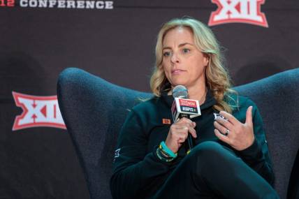 Oct 18, 2022; Kansas City, Missouri, US; Baylor coach Nicki Collen being interviewed during the womens Big 12 Basketball Tipoff event at the T-Mobile Center. Mandatory Credit: William Purnell-USA TODAY Sports