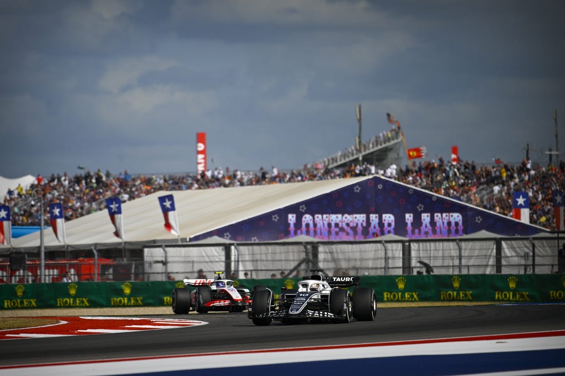 Oct 23, 2022; Austin, Texas, USA; Scuderia Alpha Tauri driver Pierre Gasly (10) of Team France during the running of the U.S. Grand Prix F1 race at Circuit of the Americas. Mandatory Credit: Jerome Miron-USA TODAY Sports