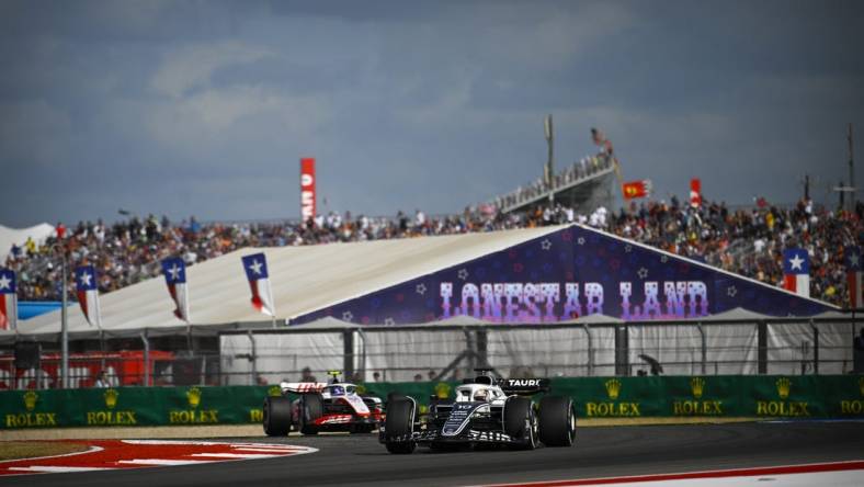 Oct 23, 2022; Austin, Texas, USA; Scuderia Alpha Tauri driver Pierre Gasly (10) of Team France during the running of the U.S. Grand Prix F1 race at Circuit of the Americas. Mandatory Credit: Jerome Miron-USA TODAY Sports